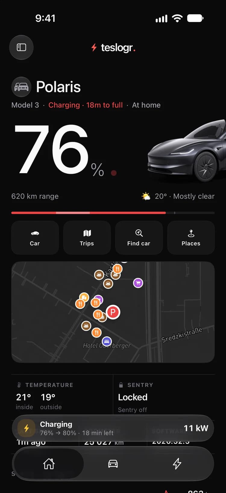 Teslogr home screen: Polaris charging at 76%, 18 minutes to full